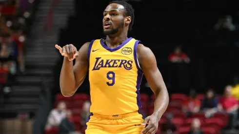 Bronny James Jr. #9 of the Los Angeles Lakers reacts to scoring on the Cleveland Cavaliers in the first half of a 2024 NBA Summer League game