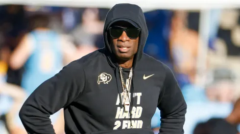 Colorado head coach Deion Coach Prime Sanders watches during a warm up before an NCAA, College League, USA college football game between the UCLA and the Colorado