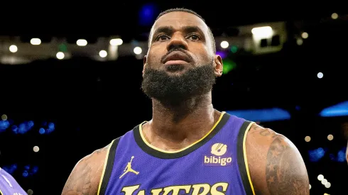 LeBron James 23 of the Los Angeles Lakers looks prior to a NBA game