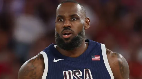 LeBron James #6 of Team United States looks on during the Men's Gold Medal game between Team France and Team United States on day fifteen of the Olympic Games Paris 2024 at Bercy Arena.