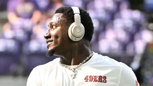 Deebo Samuel Sr. #1 of the San Francisco 49ers warms up prior to a game against the Minnesota Vikings at U.S. Bank Stadium on September 15, 2024 in Minneapolis, Minnesota.