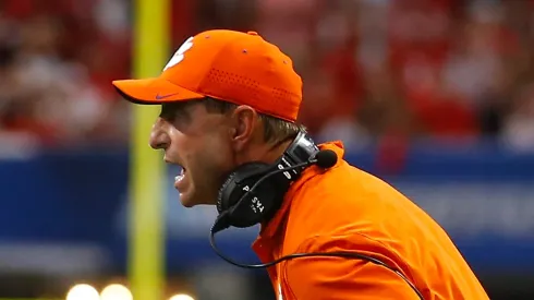 Clemson Tigers head coach Dabo Swinney reacts during the Aflac Kickoff Game against the Georgia Bulldogs at Mercedes Benz Stadium on August 31, 2024 in Atlanta, Georgia.