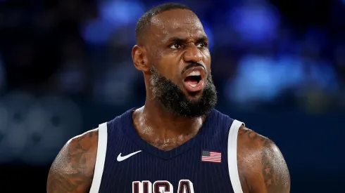LeBron James #6 of Team United States reacts during the Men's Gold Medal game between Team France and Team United States on day fifteen of the Olympic Games Paris 2024 at Bercy Arena on August 10, 2024 in Paris, France.