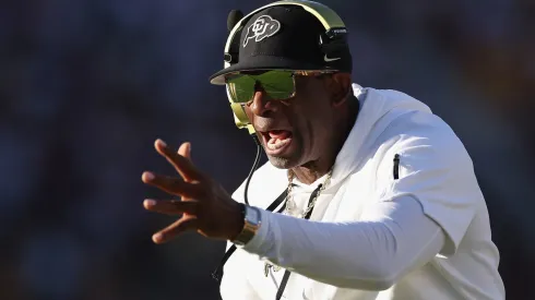 Head coach Deion Sanders of the Colorado Buffaloes reacts during first half of the NCAAF game against the Arizona State Sun Devils at Mountain America Stadium on October 07, 2023 in Tempe, Arizona.