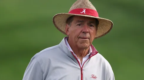 Former college football head coach Nick Saban prepares to tee off during the Pro-am to the WM Phoenix Open at TPC Scottsdale on February 07, 2024 in Scottsdale, Arizona.