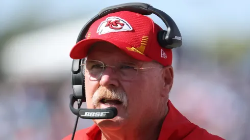 Andy Reid the head coach of the Kansas City Chiefs against the Tennessee Titans at Nissan Stadium on October 24, 2021 in Nashville, Tennessee.
