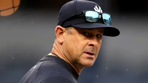 Aaron Boone #17 of the New York Yankees looks on during batting practice before the game against the Baltimore Orioles at Yankee Stadium on September 25, 2024 in the Bronx borough of New York City.