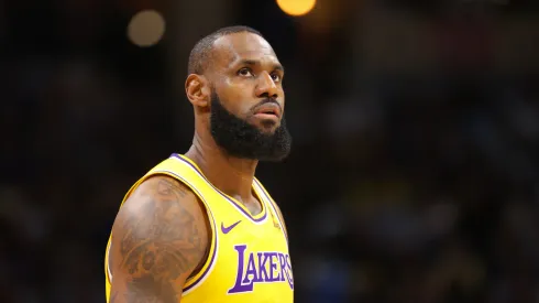 LeBron James #23 of the Los Angeles Lakers looks towards the crowd during a timeout against the Denver Nuggets