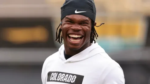 Travis Hunter #12 of the Colorado Buffaloes reacts while warming up prior to the game against the North Dakota State Bison at Folsom Field on August 29, 2024 in Boulder, Colorado.