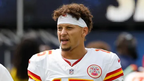Patrick Mahomes #15 of the Kansas City Chiefs reacts prior to a game against the Los Angeles Chargers at SoFi Stadium on September 29, 2024 in Inglewood, California.
