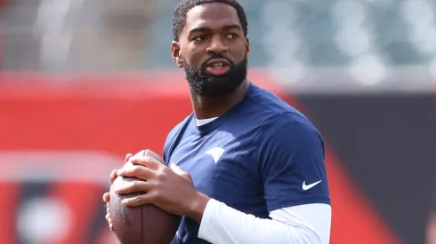 New England Patriots quarterback Jacoby Brissett (7) warms up before a game between the New England Patriots and the Cincinnati Bengals at Paycor Stadium on Sunday, September 8, 2024.