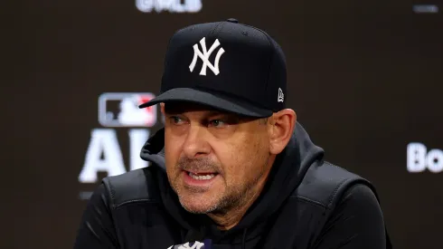 Manager Aaron Boone of the New York Yankees speaks to the media during a press conference ahead of the 2024 ALDS at Yankee Stadium on October 01, 2024 in the Bronx borough of New York City.