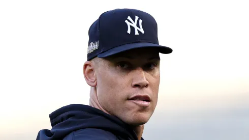 Aaron Judge #99 of the New York Yankees look on during a workout prior to the 2024 ALDS at Yankee Stadium on October 01, 2024 in the Bronx borough of New York City.