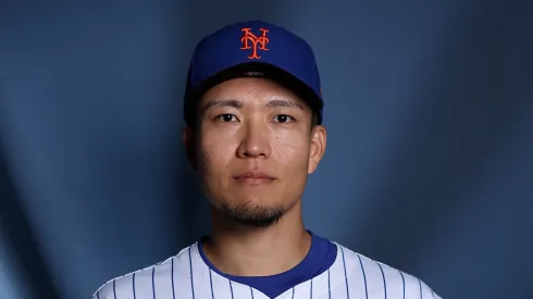 Kodai Senga #34 of the New York Mets poses for a portrait on New York Mets Photo Day at Clover Park on February 22, 2024 in Port St. Lucie, Florida.