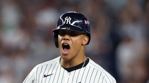Juan Soto #22 of the New York Yankees reacts after hitting a double against the Kansas City Royals during the first inning in Game One of the Division Series at Yankee Stadium on October 05, 2024 in New York City.