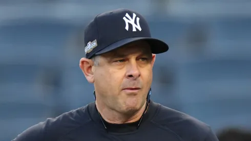 Manager Aaron Boone #17 of the New York Yankees look on during batting practice prior to Game Two of the Division Series against the Kansas City Royals at Yankee Stadium on October 07, 2024 in New York City.