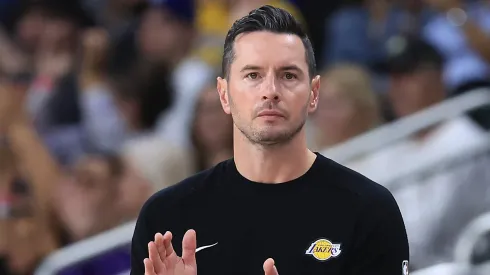 Los Angeles Lakers Head Coach JJ Redick looks on from the bench during the first half of a game against the Minnesota Timberwolves