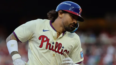 Nick Castellanos #8 of the Philadelphia Phillies runs the bases after hitting a home run during the sixth inning against the New York Mets in Game Two of the Division Series at Citizens Bank Park on October 06, 2024 in Philadelphia, Pennsylvania.