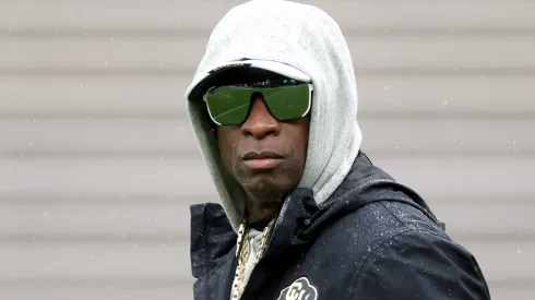 Head coach Deion Sanders of the Colorado Buffaloes watches as his team warms-up prior to their spring game at Folsom Field on April 27, 2024 in Boulder, Colorado.