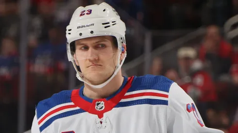 Adam Fox #23 of the New York Rangers skates against the New Jersey Devils at the Prudential Center on March 30, 2023 in Newark, New Jersey.