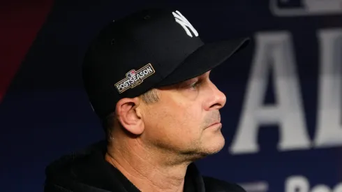 Manager Aaron Boone #17 of the New York Yankees looks on prior to the game against the Kansas City Royals during Game Four of the Division Series at Kauffman Stadium on October 10, 2024 in Kansas City, Missouri.