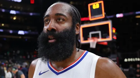 James Harden #1 of the LA Clippers reacts after their 149-144 win over the Atlanta Hawks