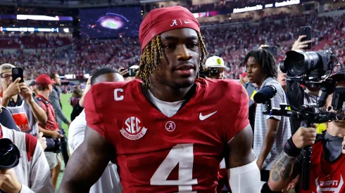 Jalen Milroe #4 of the Alabama Crimson Tide leaves the field after his team's victory against the Georgia Bulldogs at Bryant-Denny Stadium on September 28, 2024 in Tuscaloosa, Alabama.