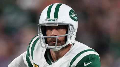 Aaron Rodgers #8 of the New York Jets looks during the first quarter against the Buffalo Bills at MetLife Stadium on October 14, 2024 in East Rutherford, New Jersey.