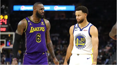 LeBron James of the Los Angeles Lakers speaks to Stephen Curry of the Golden State Warriors
