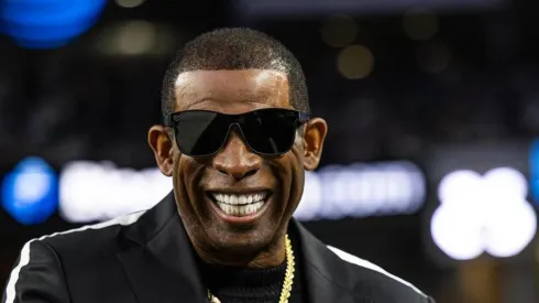Colorado Buffaloes head coach Deion Sanders visits the Thursday Night Football set before the game between the Dallas Cowboys and the Seattle Seahawks on November 30, 2023 at AT&T Stadium in Arlington, Texas
