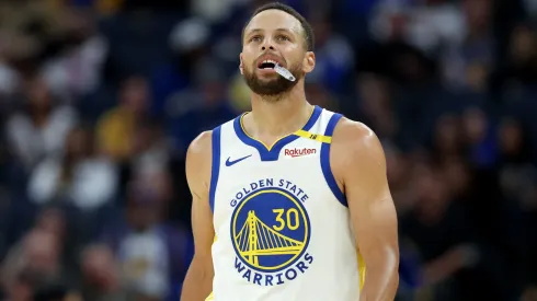 Stephen Curry #30 of the Golden State Warriors stands on the court during their game against the Sacramento Kings during their preseason game at Chase Center on October 11, 2024 in San Francisco, California.