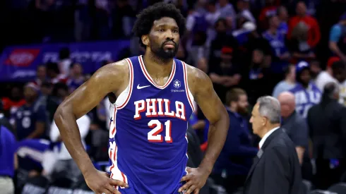 Joel Embiid #21 of the Philadelphia 76ers reacts after his team's 118-115 loss against the New York Knicks in game six of the Eastern Conference First Round Playoffs at the Wells Fargo Center on May 02, 2024 in Philadelphia, Pennsylvania.
