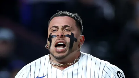 Francisco Alvarez #4 of the New York Mets is hit by a pitch during the fifth inning against the Los Angeles Dodgers during Game Four of the National League Championship Series at Citi Field on October 17, 2024 in New York City.