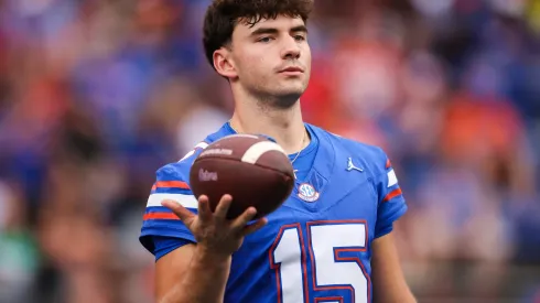 Graham Mertz #15 of the Florida Gators warms up before the start of a game against the Samford Bulldogs at Ben Hill Griffin Stadium on September 07, 2024 in Gainesville, Florida.