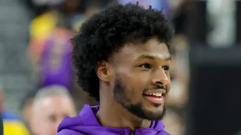 Bronny James #9 of the Los Angeles Lakers warms up before a preseason game against the Golden State Warriors at T-Mobile Arena at T-Mobile Arena on October 15, 2024 in Las Vegas, Nevada.