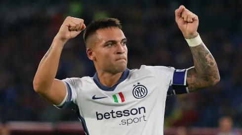 Lautaro Martinez of FC Internazionale celebrates after scoring the opening goal during the Serie A match between AS Roma and FC Internazionale