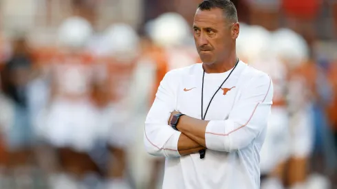 Head coach Steve Sarkisian of the Texas Longhorns watches players warm up before the game against the Louisiana Monroe Warhawks at Darrell K Royal-Texas Memorial Stadium on September 21, 2024 in Austin, Texas.