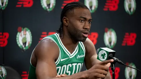 Jaylen Brown #7 of the Boston Celtics speaks to the media during Boston Celtics Media Day at The Auerbach Center on September 24, 2024 in Boston, Massachusetts.