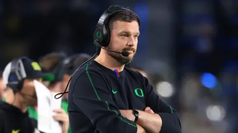 Head coach Dan Lanning of the Oregon Ducks looks on during the second half at Ross-Ade Stadium on October 18, 2024 in West Lafayette, Indiana.