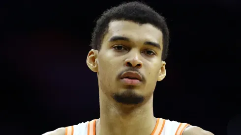 Victor Wembanyama #1 of the San Antonio Spurs looks on against the Philadelphia 76ers