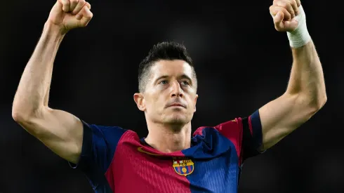 Robert Lewandowski of FC Barcelona celebrates against Sevilla