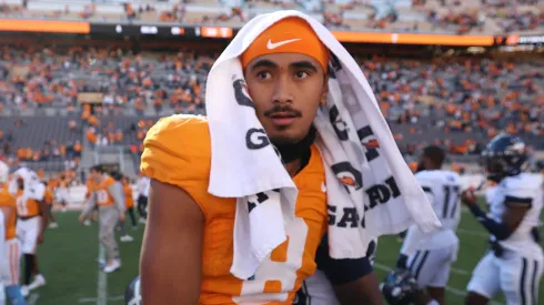 Nico Iamaleava #8 of the Tennessee Volunteers after the game against the Connecticut Huskies at Neyland Stadium on November 04, 2023 in Knoxville, Tennessee. Tennessee won the game 59-3.