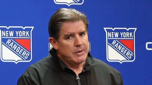 Head coach Peter Laviolette of the New York Rangers speaks with the media prior to the game against the New York Rangers at Madison Square Garden on April 13, 2024 in New York City.