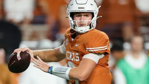 Quinn Ewers #3 of the Texas Longhorns looks to pass against the Georgia Bulldogs during the second half at Darrell K Royal-Texas Memorial Stadium on October 19, 2024 in Austin, Texas.