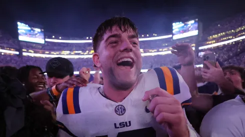 Garrett Nussmeier #13 of the LSU Tigers celebrates after a game against the Mississippi Rebels at Tiger Stadium on October 12, 2024 in Baton Rouge, Louisiana.