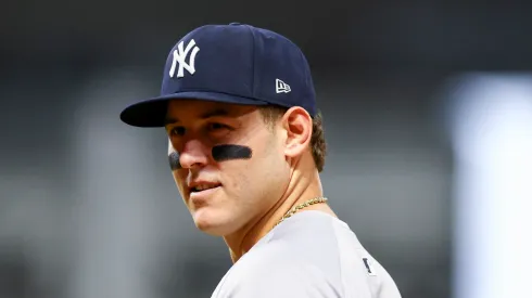 Anthony Rizzo #48 of the New York Yankees looks on while playing in the first inning against the Cleveland Guardians during Game Four of the American League Championship Series at Progressive Field on October 18, 2024 in Cleveland, Ohio.