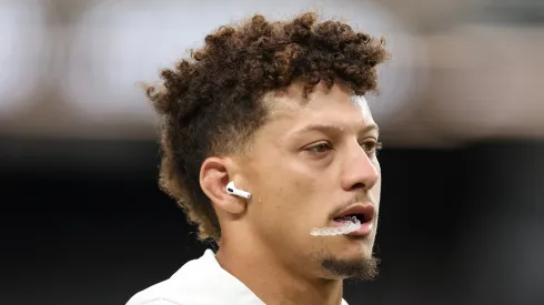 Patrick Mahomes #15 of the Kansas City Chiefs looks on prior to a game against the Las Vegas Raiders at Allegiant Stadium on October 27, 2024 in Las Vegas, Nevada.