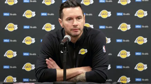 Head coach JJ Redick of the Los Angeles Lakers speaks with media prior to the game against the Phoenix Suns at Acrisure Arena on October 06, 2024 in Palm Springs, California.