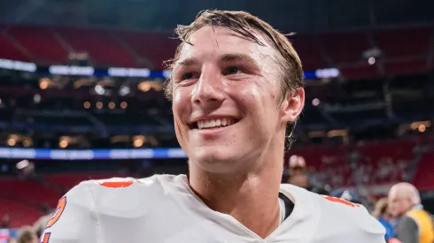 Clemson Tigers quarterback Cade Klubnik (2) smiles after winning the Chick-fil-A Kickoff game between the Georgia Tech Yellow Jackets and the Clemson Tigers on Monday September 5, 2022 at the Mercedes-Benz Stadium in Atlanta, Georgia.