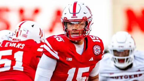 Nebraska Cornhuskers quarterback Dylan Raiola (15) in action during a NCAA Division 1 football game between Rutgers Scarlet Knights and the Nebraska Cornhuskers at Memorial Stadium in Lincoln, NE.
